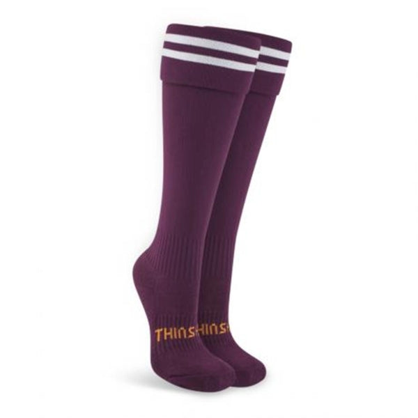 Thin Skins technical football socks purple white stripes